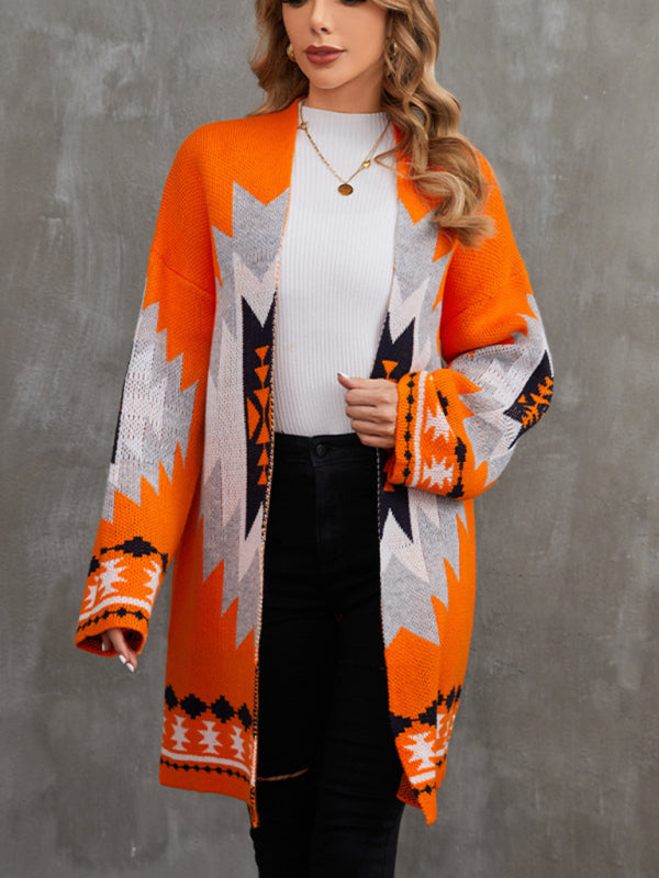 Fashionable women's long knitted cardigan Halloween jacquard contrast