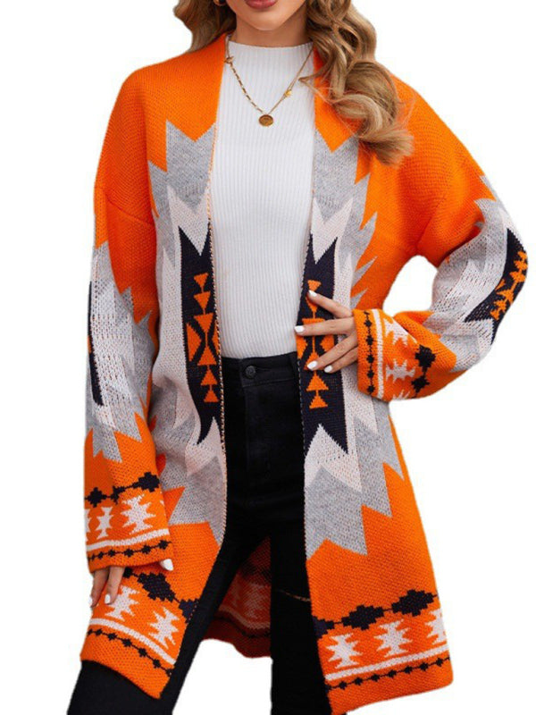 Fashionable women's long knitted cardigan Halloween jacquard contrast